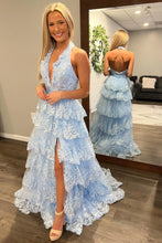 Charger l&#39;image dans la galerie, Halter Sky Blue Prom Dresses Slit Side Long