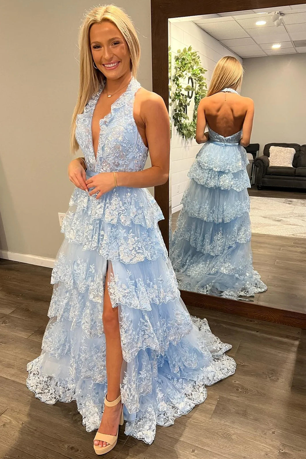 Halter Sky Blue Prom Dresses Slit Side Long