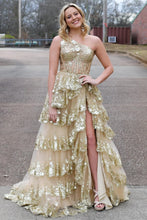 Laden Sie das Bild in den Galerie-Viewer, One Shoulder Gold Prom Dresses