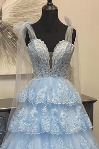 Sky Blue Prom Dresses Long with Appliques