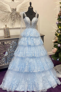 Sky Blue Prom Dresses Long with Appliques