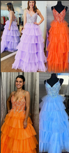 Load image into Gallery viewer, Orange Prom Dresses Straps Tiered