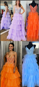 Orange Prom Dresses Straps Tiered