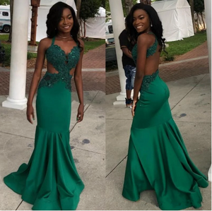 V Neck Green Prom Dresses with Appliques Lace