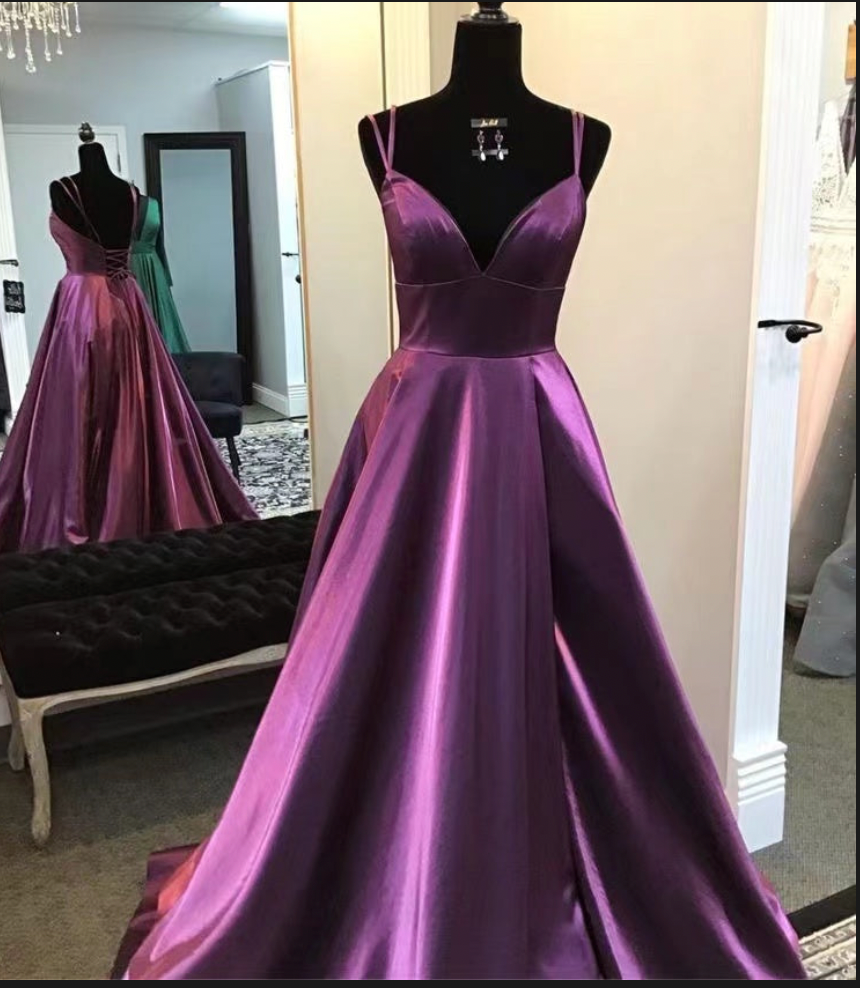 Grape Spaghetti Straps Slit Side Prom Dresses