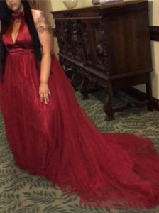 Plus Size High Neck Prom Dresses Red with Keyhole