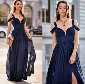 Off Shoulder Bridesmaid Dresses Navy Blue Slit Side