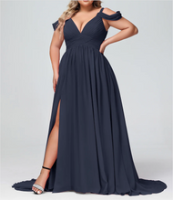 Load image into Gallery viewer, Plus Size Off Shoulder Bridesmaid Dresses Navy Blue Slit Side