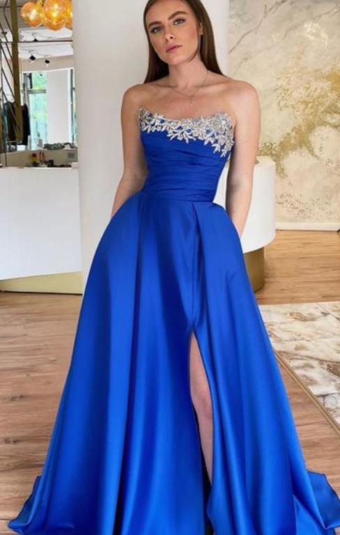 Prom Dresses Royal Blue Slit Side Sweetheart with Beading