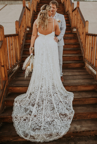 V Neck Wedding Dresses Bridal Gown Slit Side Lace