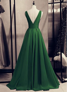 V Neck Green Prom Dresses Floor Length
