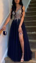 Load image into Gallery viewer, Prom Dresses Slit Side Navy Blue with Sequins