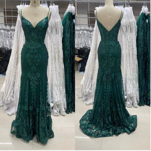 Green Spaghetti Straps Prom Dresses with Appliques Lace