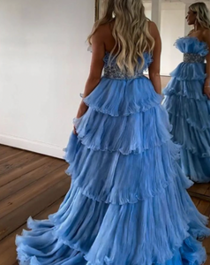 Dusty Blue Prom Dresses Layers Ruffles