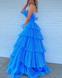 Sky Blue Prom Dresses Layers Ruffles