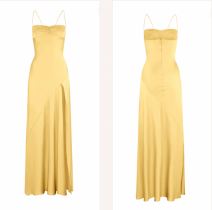 Yellow Prom Dresses Spaghetti Straps Slit Side Floor Length
