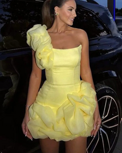 One Shoulder Puff Dress Yellow Homecoming Dresses