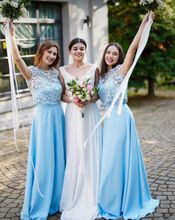 Load image into Gallery viewer, Sky Blue Two Piece Bridesmaid Dresses Cap Sleeves Lace Top