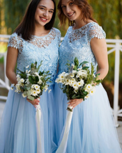 Load image into Gallery viewer, two piece sky blue bridesmaid gowns