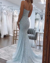 Laden Sie das Bild in den Galerie-Viewer, Shiny Light Blue Prom Dress Mermaid Spaghetti Straps Long Beaded