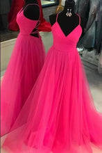 Charger l&#39;image dans la galerie, Fuchsia Prom Dresses Spaghetti Straps Tulle Floor Length