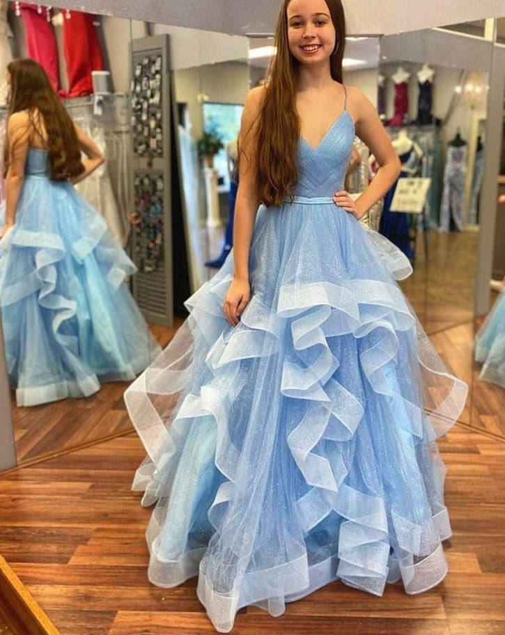 Sky Blue Sparkly Prom Dresses Sheath