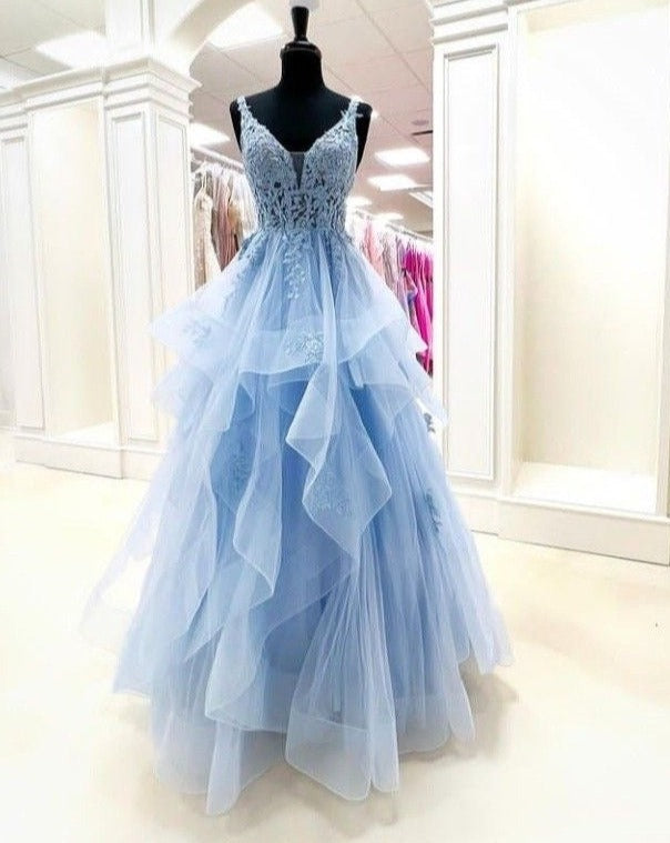 V Neck Prom Dresses Sky Blue with Appliques