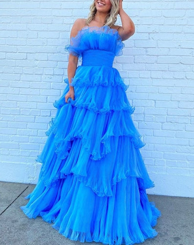 Sky Blue Prom Dresses Layers Ruffles