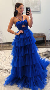 Blue Print Prom Dresses Halter with Handmade Flowers