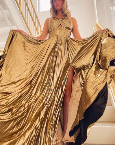 Gold Halter Prom Dresses Floor Length