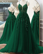Load image into Gallery viewer, Dark Green Prom Dresses with Applique Lace