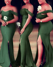Laden Sie das Bild in den Galerie-Viewer, Olive Green Bridesmaid Dresses Mermaid Slit Side