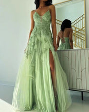 Load image into Gallery viewer, Light Sage Prom Dresses Criss Cross with Lace