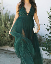 Load image into Gallery viewer, Green Prom Dresses Slit Side Dark Green Tulle