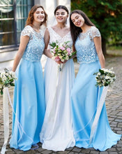 Cargar imagen en el visor de la galería, Sky Blue Two Piece Bridesmaid Dresses Cap Sleeves Lace Top