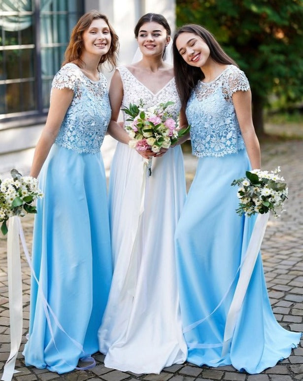 Sky Blue Two Piece Bridesmaid Dresses Cap Sleeves Lace Top