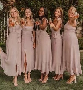 Straps Pink Bridesmaid Dresses Ankle Length