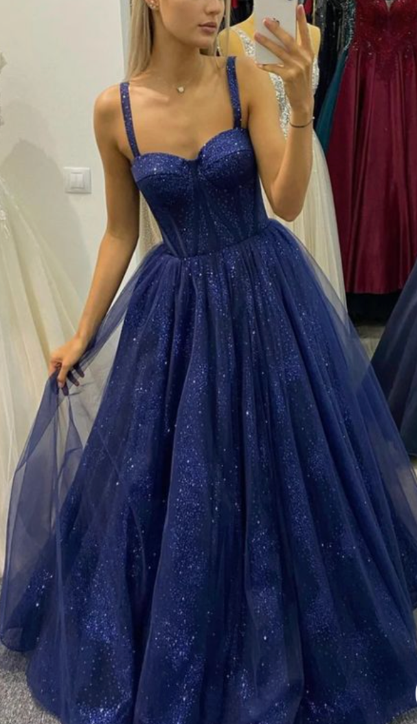 Navy Blue Prom Dresses Spaghetti Straps with Corset