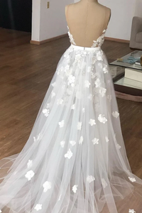 V Neck Wedding Dresses Bridal Gown with 3D Flowers