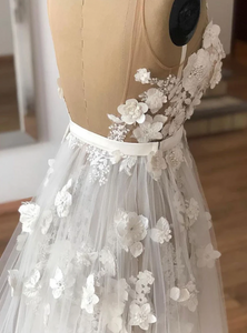 V Neck Wedding Dresses Bridal Gown with 3D Flowers