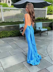 Blue Prom Dresses Spaghetti Straps Backless