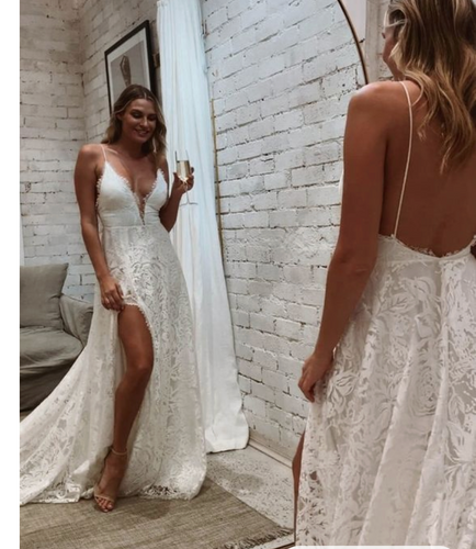 Spaghetti Straps Lace Wedding Dresses Bridal Gown Slit Side