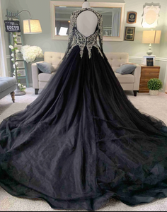 V Neck Black Prom Dresses with Sleeves with Silver Beading