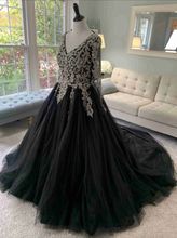 Charger l&#39;image dans la galerie, V Neck Black Prom Dresses with Sleeves with Silver Beading