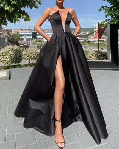 Black Prom Dresses Slit Side with Pockets