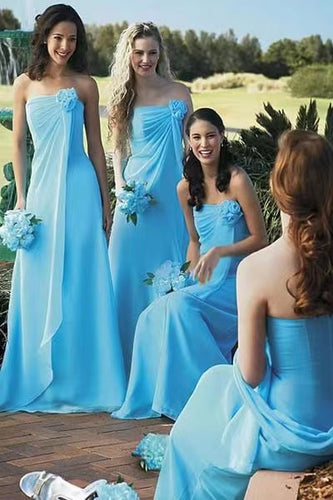 Blue Bridesmaid Dresses with Handmade Flowers