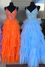 Load image into Gallery viewer, Orange Prom Dresses Straps Tiered