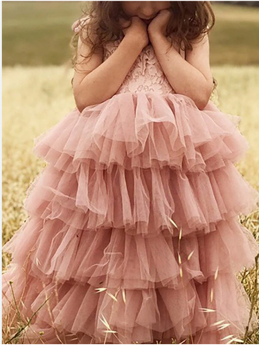 Blush Pink Flower Girl Dresses Tired Tulle Floor Length