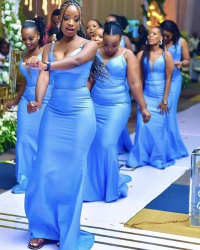 Bright Blue Mermaid Bridesmaid Dresses Spaghetti Straps