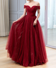 Load image into Gallery viewer, Off Shoulder Prom Dresses Burgundy Sparkly Floor Length